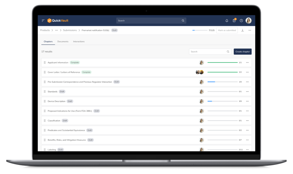 screenshot of QuickVault software on a Macbook with premarket notifications 510(k)