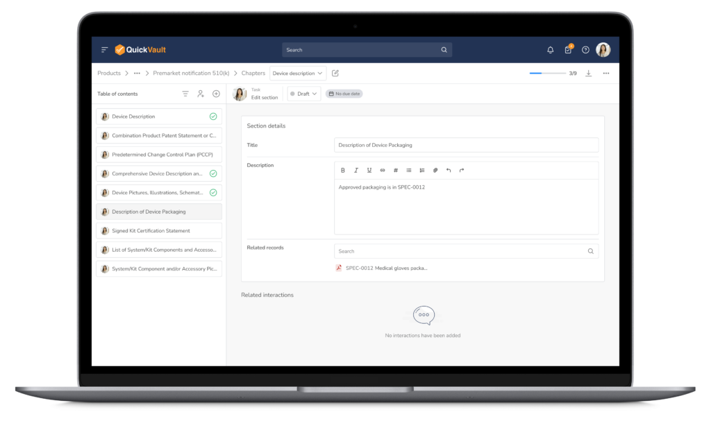 screenshot of QuickVault software on a Macbook with device description page open