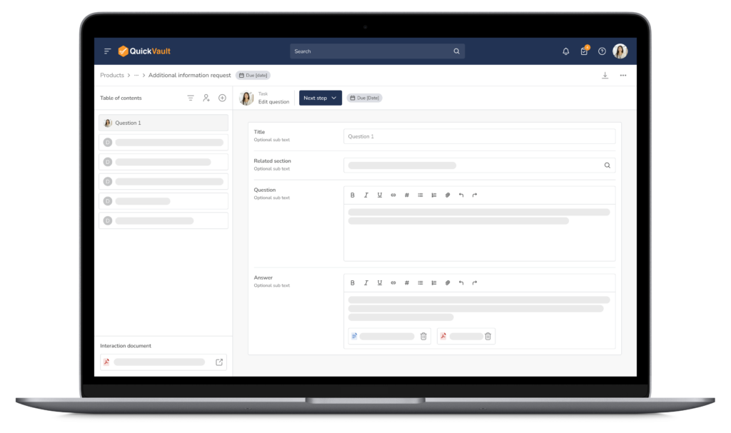 screenshot of QuickVault software on a Macbook submission interaction details