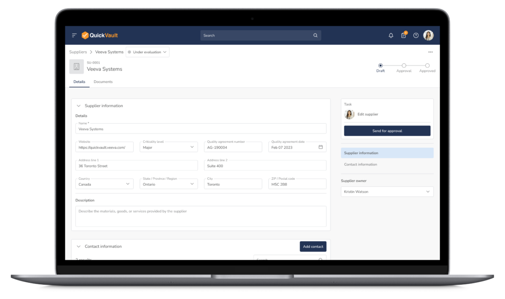 screenshot of QuickVault QMS software on a Macbook with supplier info open
