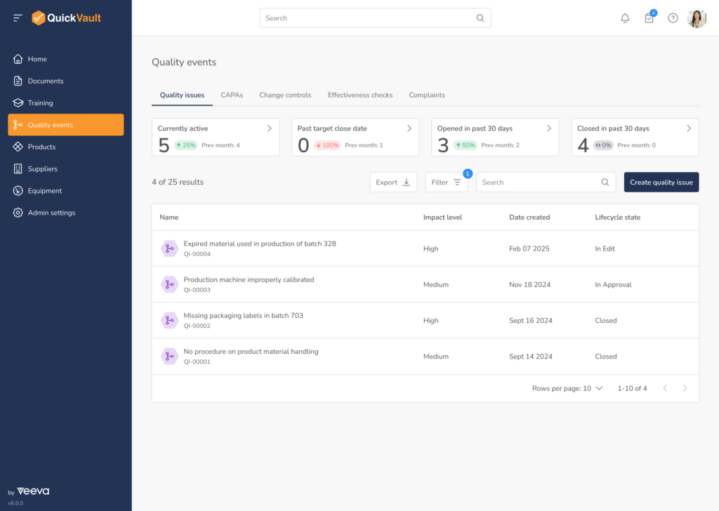 screenshot of quality events tab open